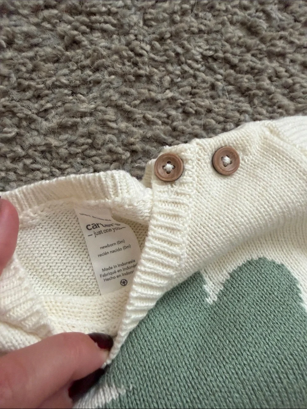 Carter's Cream Sweater with Sage Clover & Sage-Striped Knit Pants